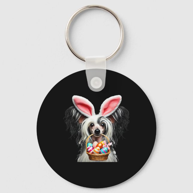 Cute Bunny Ear Chinese Crested Dog Easter Egg Hunt Keychain (Front)