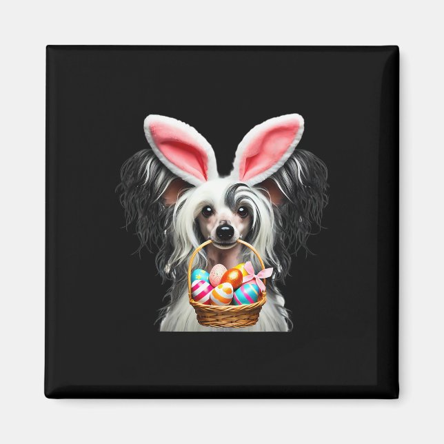 Cute Bunny Ear Chinese Crested Dog Easter Egg Hunt Magnet (Front)