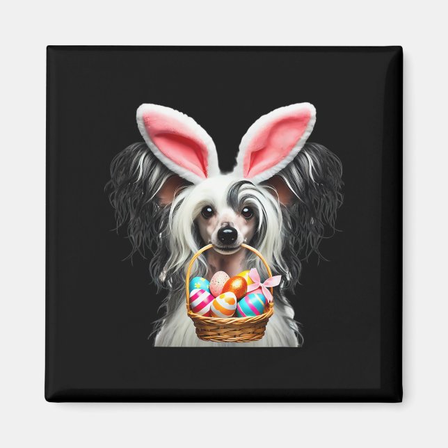 Cute Bunny Ear Chinese Crested Dog Easter Egg Hunt Magnet (Front)