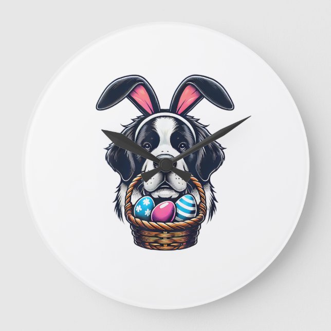 Cute Bunny Ear Saint Bernard Dog Easter Egg Owner  Large Clock (Front)