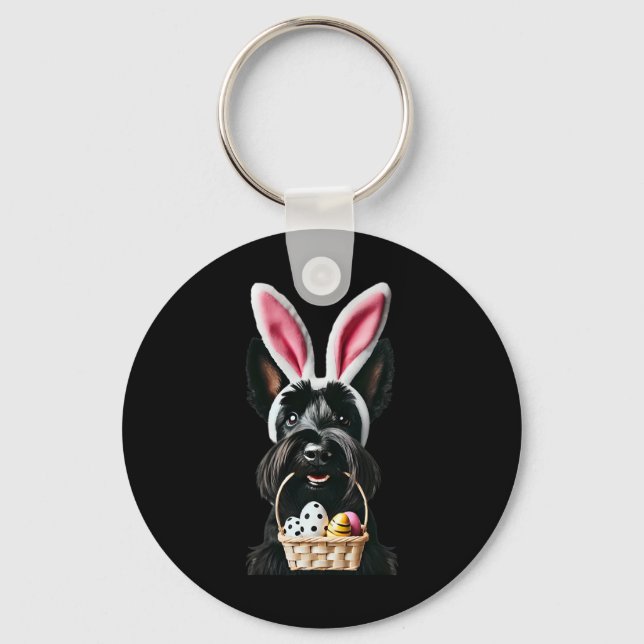 Cute Bunny Ear Scottish Terrier Dog Easter Eggs Ow Keychain (Front)