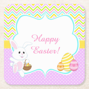Cute Bunny Easter Egg Hunt Square Paper Coaster