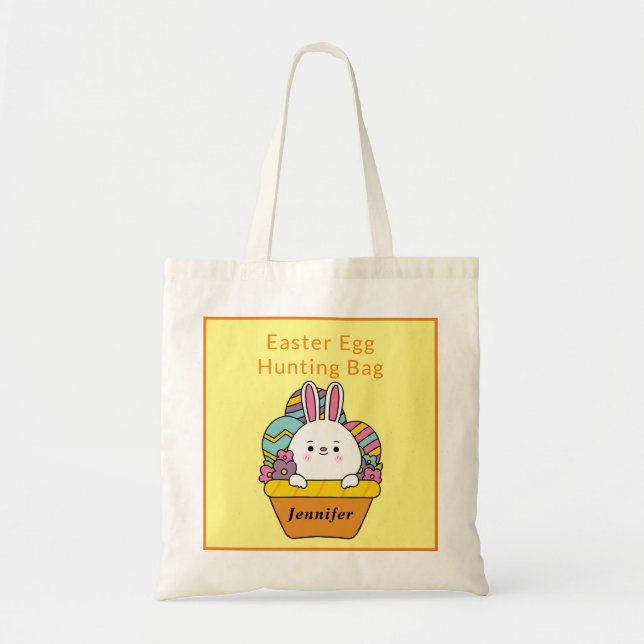 Cute Bunny Easter Egg Hunting Bag Personalize Name (Front)