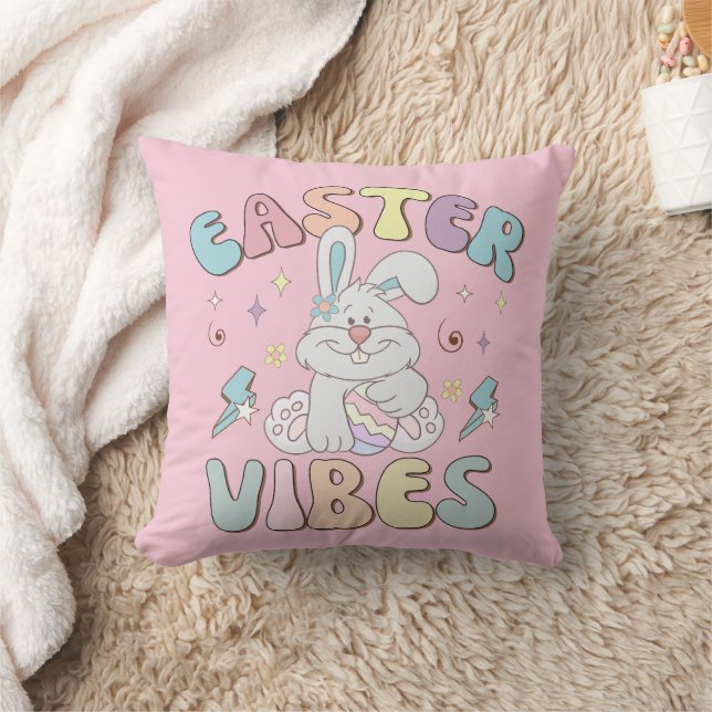 Cute Bunny Easter Vibes Pastel Spring  Throw Pillow (Blanket)