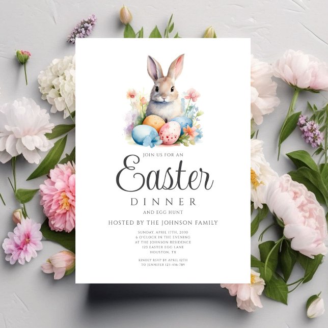 Cute Bunny Egg Hunt And Easter Dinner  Invitation (Cute Bunny Egg Hunt And Easter Dinner Invitation)
