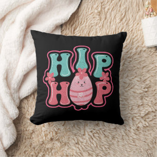 Cute Bunny Egg Hunt Hip Hop Happy Easter Black Throw Pillow