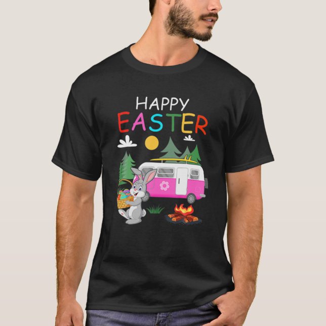 Cute Bunny Eggs Easter Camping Happy Easter Day T-Shirt (Front)