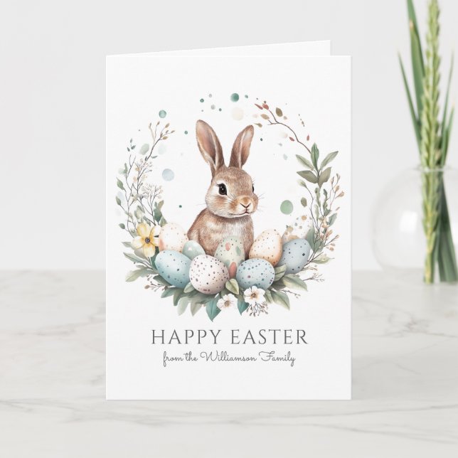 Cute Bunny Eggs Garland Wreath Personalized Easter Card (Front)