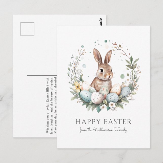 Cute Bunny Eggs Garland Wreath Personalized Easter Postcard (Front/Back)