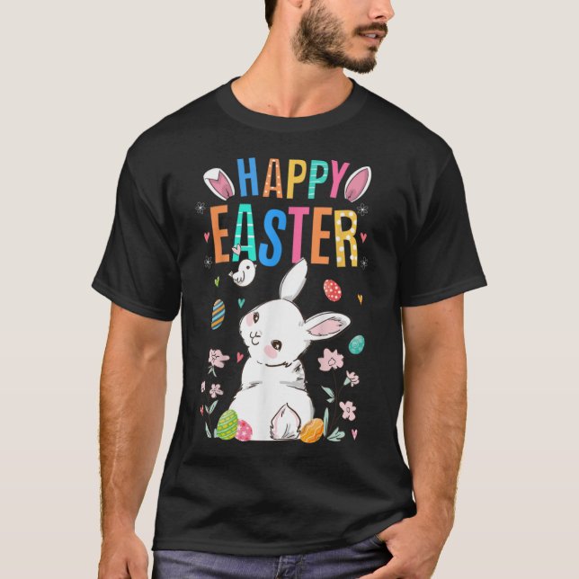 Cute Bunny Eggs Rabbit Floral Happy Easter Day T-Shirt (Front)
