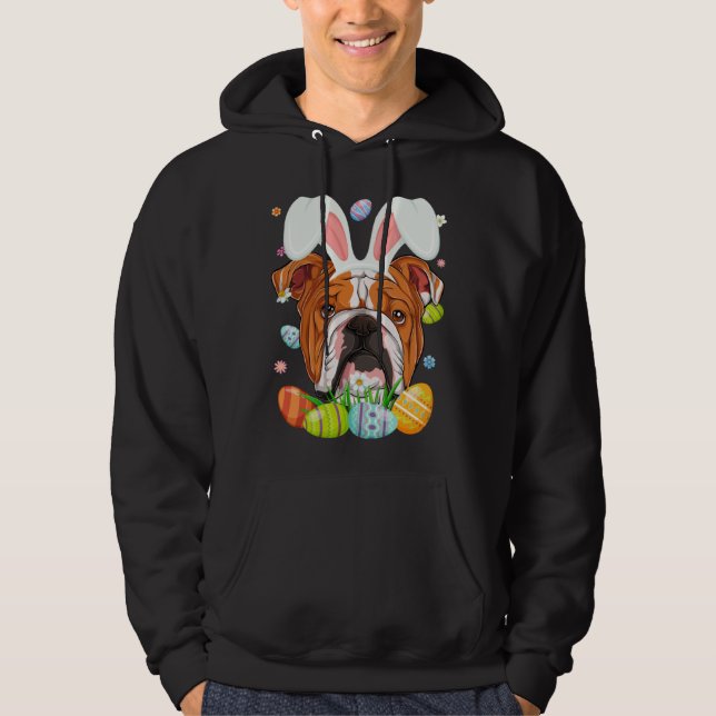 Cute Bunny English Bulldog Dog Head & Easter Egg E Hoodie (Front)