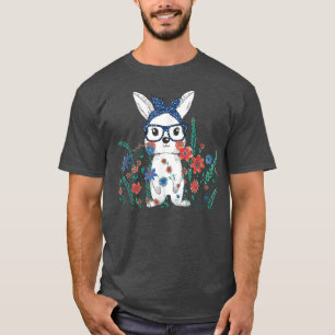 Cute Bunny Face Blue Glasses with Flowers Easter D T-Shirt
