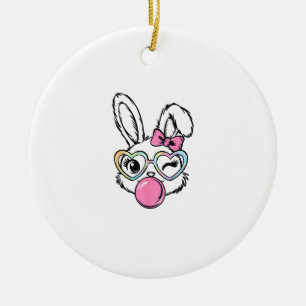 Cute Bunny Face Bubblegum Glasses Pink Coquette Bo Ceramic Ornament