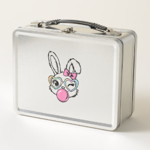 Cute Bunny Face Bubblegum Glasses Pink Coquette Bo Metal Lunch Box