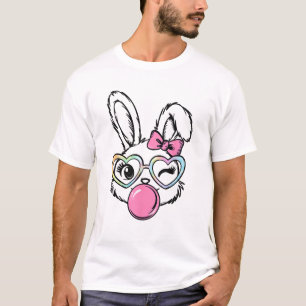 Cute Bunny Face Bubblegum Glasses Pink Coquette Bo T-Shirt