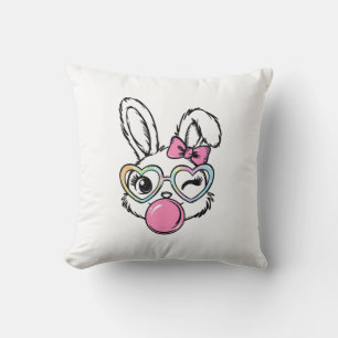 Cute Bunny Face Bubblegum Glasses Pink Coquette Bo Throw Pillow