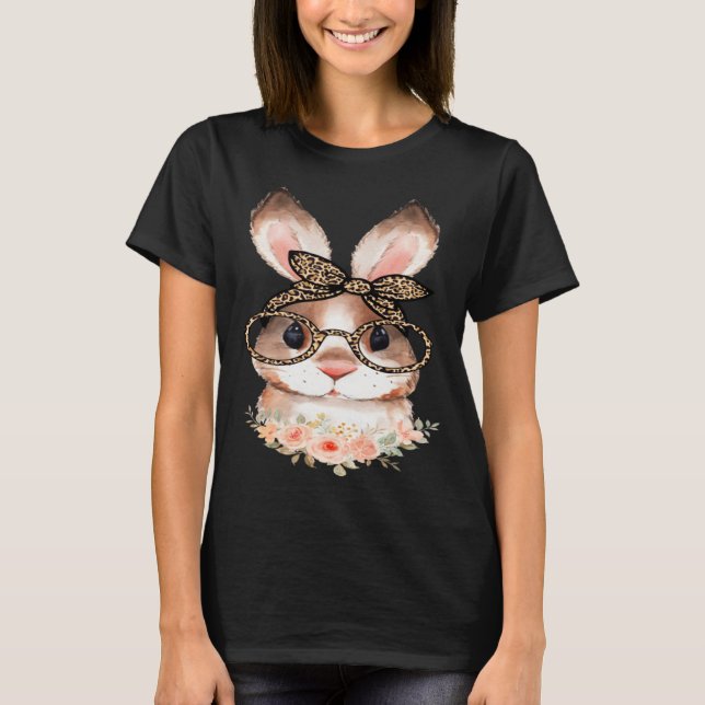 Cute Bunny Face Floral  Leopard Print Glasses EAST T-Shirt (Front)