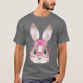 Cute Bunny Face Glasses And Floral Headband Happy T-Shirt