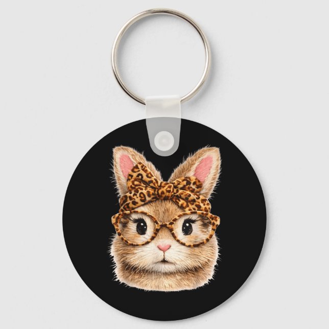 Cute Bunny Face Glasses Bandana Leopard Rabbit Keychain (Front)