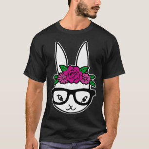 Cute Bunny Face Glasses Floral Headband Happy East T-Shirt