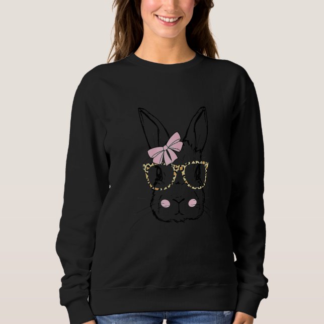 Cute Bunny Face Leopard Print Glasses Pink Bow Eas Sweatshirt (Front)