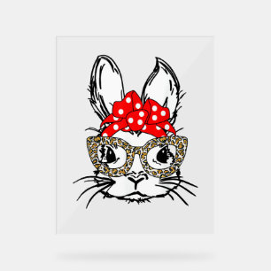 Cute Bunny Face Leopard Print Red Bandana Rabbit L Acrylic Sign