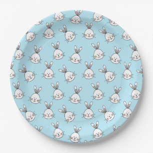 Cute Bunny Face Pattern on Light Blue Paper Plate