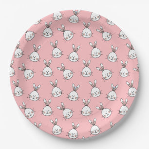 Cute Bunny Face Pattern on Light Pink Paper Plates