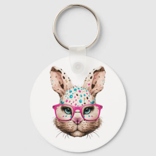 cute bunny face pink glasses floral leopard easter keychain