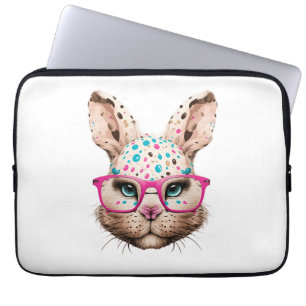 cute bunny face pink glasses floral leopard easter laptop sleeve