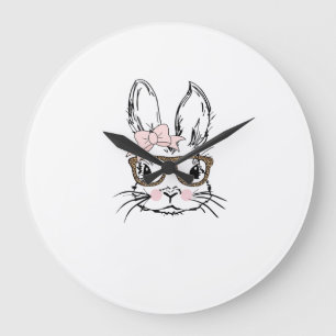 Cute Bunny Face Shirt Leopard Print Glasses EASTER Large Clock