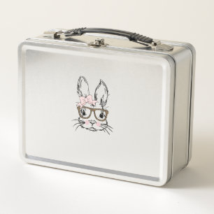 Cute Bunny Face Shirt Leopard Print Glasses EASTER Metal Lunch Box