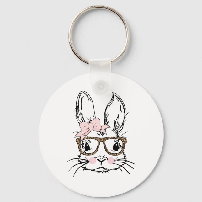 Cute Bunny Face Shirt Leopard Print Gles Easter Gi Keychain (Front)