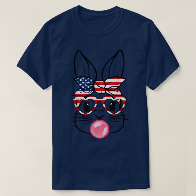 Cute Bunny Face With Bubblegum Bun American Flag 4 T-Shirt (Design Front)