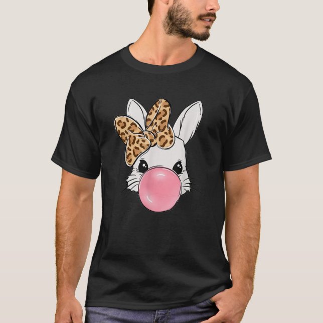 Cute Bunny Face with Leopard Bow Bubblegum Easter  T-Shirt (Front)