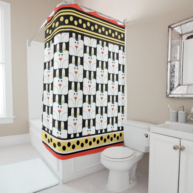 Cute Bunny Faces and Polka Dots Shower Curtain (In Situ)