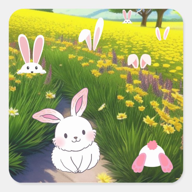 Cute Bunny Field Square Sticker (Front)