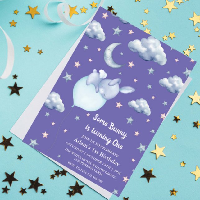 Cute Bunny First 1st Birthday Baby Boy Purple Invitation (Creator Uploaded)
