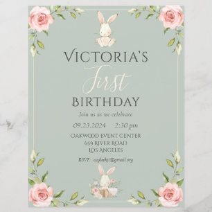 Cute Bunny First Birthday Green Budget Invitation