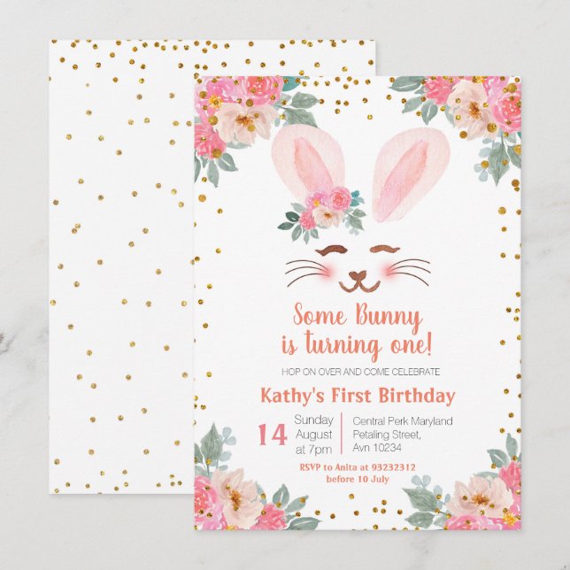 Cute Bunny first birthday invitation girls floral (Front/Back)