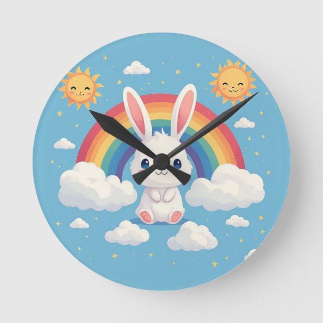 Cute Bunny Floating on Clouds Under a Rainbow Round Clock (Front)