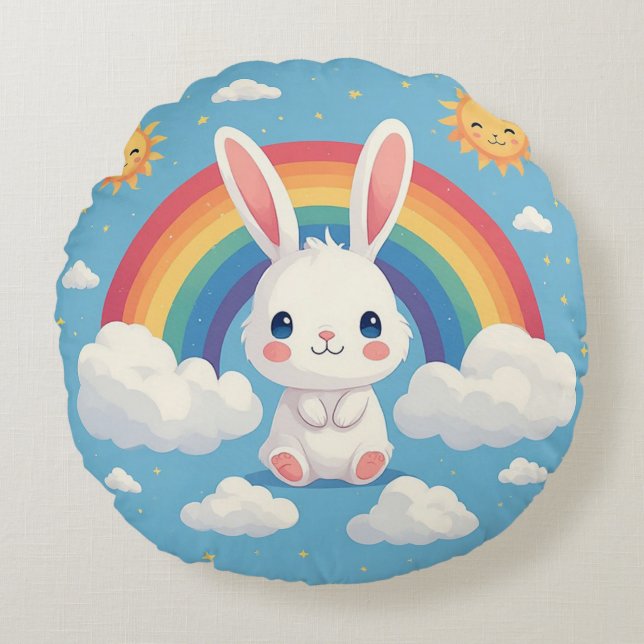 Cute Bunny Floating on Clouds Under a Rainbow Round Pillow (Front)