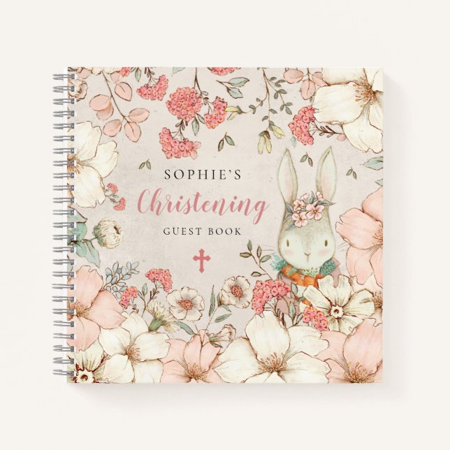 Cute Bunny Floral Christening Alternate Guest Book (Front)
