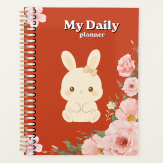 Cute Bunny Floral Daily Planner | Pink Watercolor 