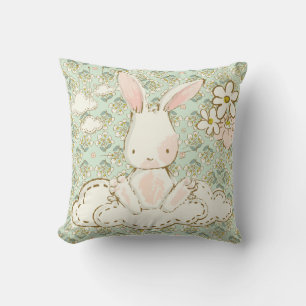 Cute Bunny Floral Green Boy Girl Sweet Nursery Throw Pillow