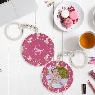 Cute Bunny Floral Pattern Monogram Photo Magenta Keychain