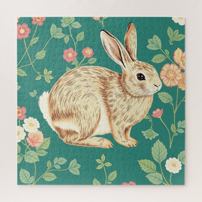Cute Bunny Floral Teal Pattern Jigsaw Puzzle (Vertical)