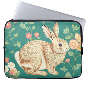Cute Bunny Floral Teal Pattern Laptop Sleeve