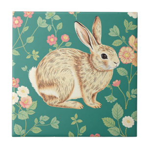 Cute Bunny Floral Teal Pattern Tile