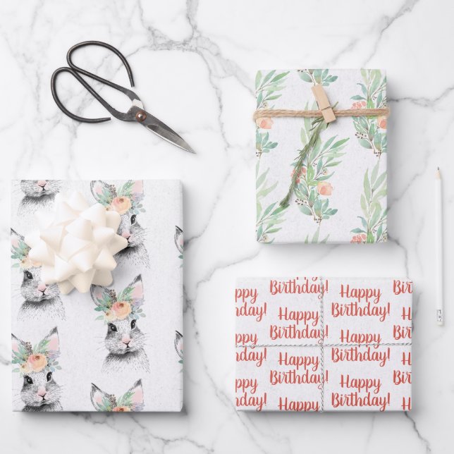 Cute Bunny Floral Wrapping Paper Sheet (Front)